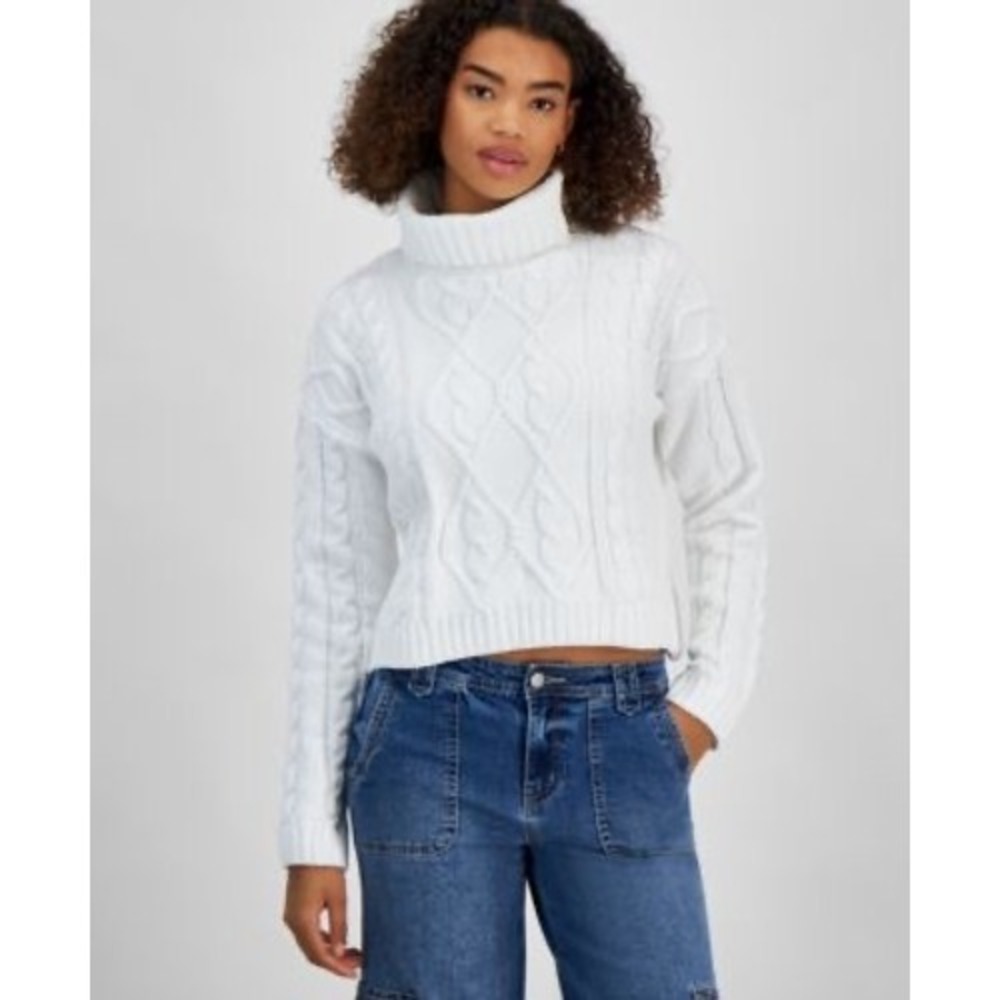 Hippie Rose Womens Cable Knit Turtleneck Sweater Bright White HF4S27309 Large
